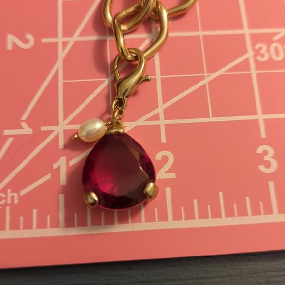 Monet Red Teardrop Crystal Charm Gold-Tone Chain Toggle Clasp Bracelet 6.5-6.75" - Picture 6 of 8